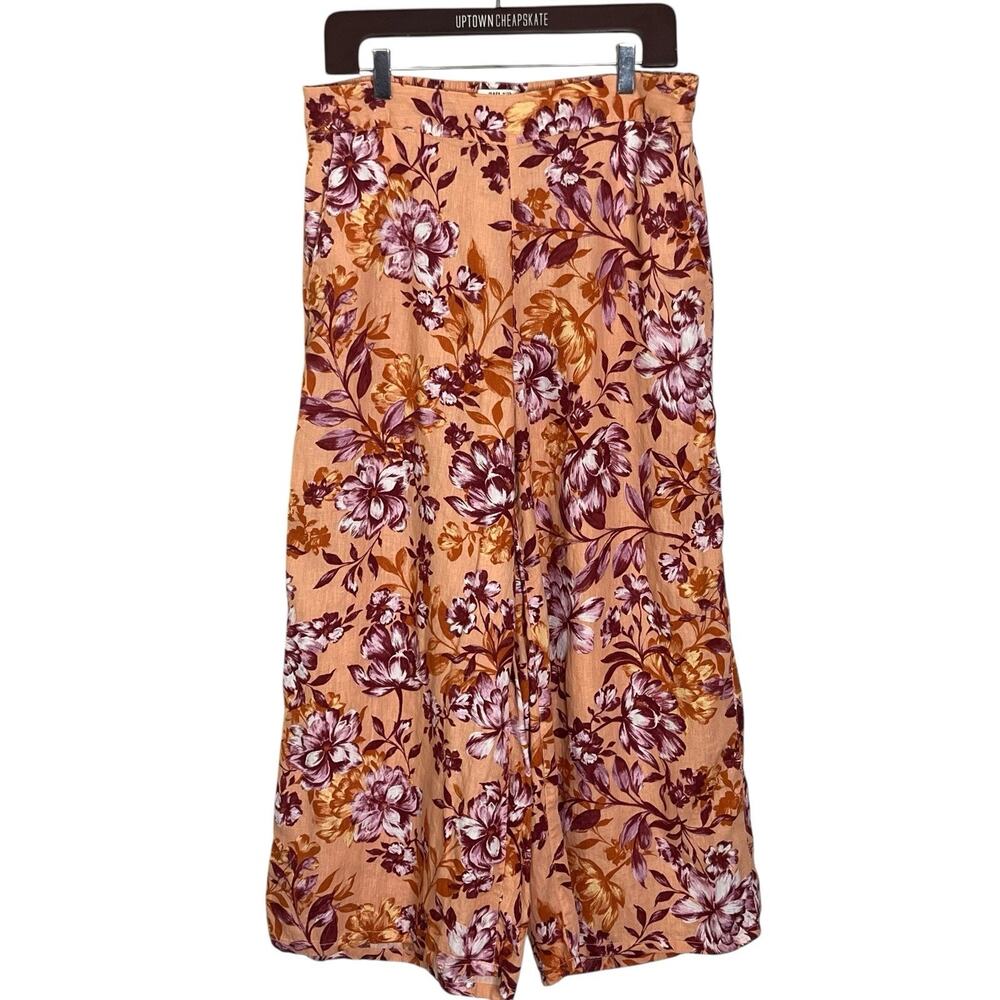 Rachel Zoe 100% Linen Pant L Wide Crop Leg Cottagecore Coral Floral Pockets Boho
